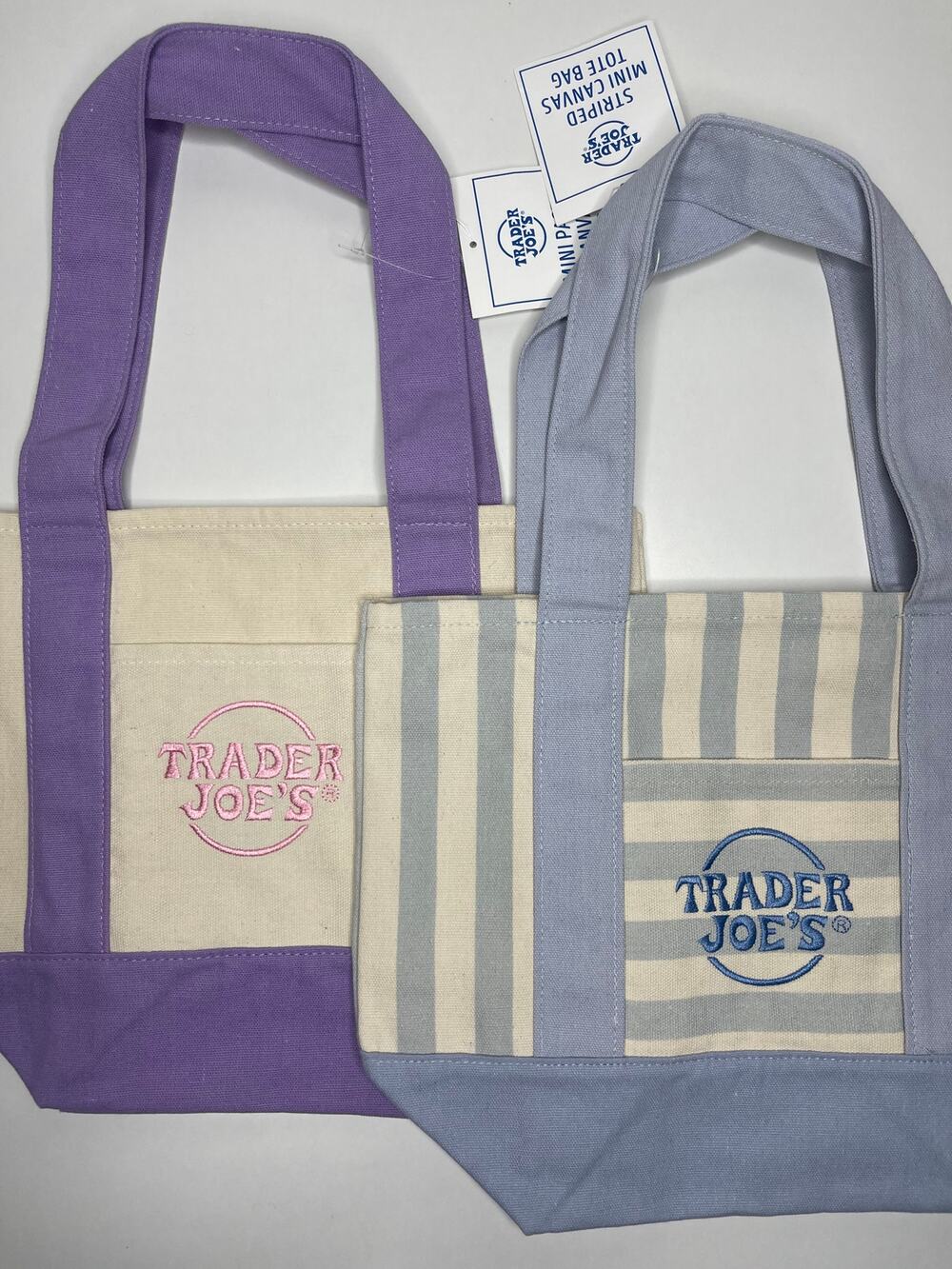 Set of 2 — Trader Joe’s Canvas MINI Tote Bags — PASTEL PURPLE + BABY BLUE STRIPE